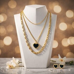 18K Gold Plated Stainless Steel Triple Layer Heart Necklace And Earrings Set